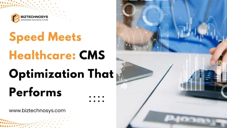 Healthcare CMS optimization with website speed and analytics visuals.